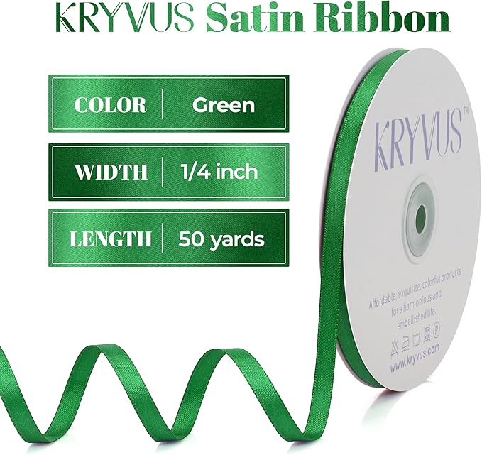 Green Satin Ribbon, Double Faced 1/4 Inch X 50 Yards Green Ribbon, Premium Satin Ribbon for Gift Wrapping, Crafts, Hair Bow Making, Sewing, Flower Bouquet, Wedding Party Decor