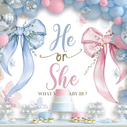 Riyidecor Gender Reveal Backdrop Polyester Fabric Bow Watercolor Floral What Will Baby Be 8Wx6H Feet Pink Blue He or She Baby Shower Floral Leaves Photography Background Newborn Photo Studio Shoot