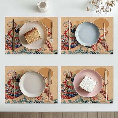 Retro Octopus Placemats Set of 6 Washable Table Vintage Japanese Wave Heat-Resistant Cotton Linen Place Mats for Dining Table Kitchen Indoor Outdoor Party Holiday Decor