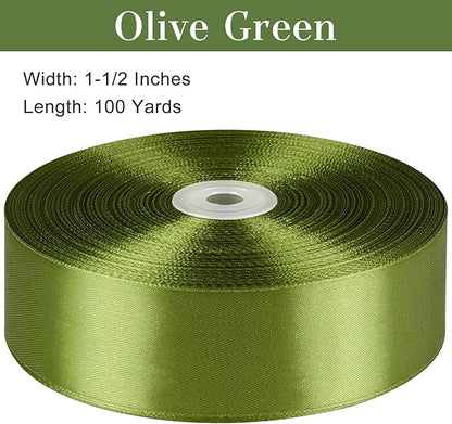 1-1/2 Inches 100 Yards Olive Green Satin Ribbon, Ribbon Roll for Flower Bouquets, Gift Wrapping, Wedding, Handmade Crafts
