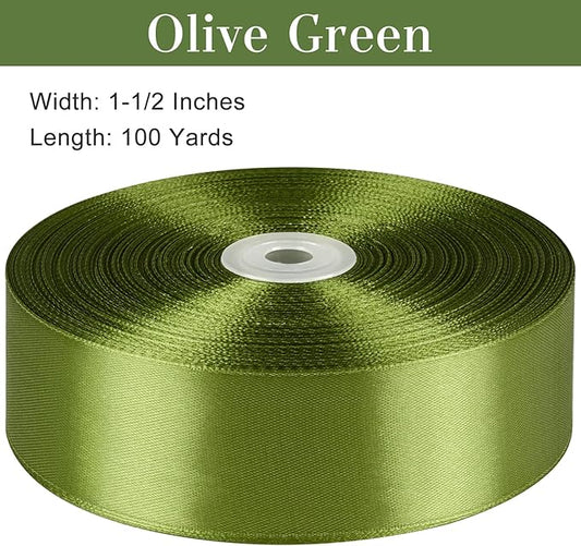 1-1/2 Inches 100 Yards Olive Green Satin Ribbon, Ribbon Roll for Flower Bouquets, Gift Wrapping, Wedding, Handmade Crafts