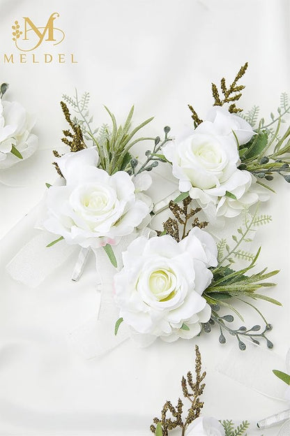 Meldel Boutonniere for Men Wedding, Set of 6, Elegant Artificial White Rose Boutonniere for Wedding Prom Homecoming Party, Perfect Accessories for Groom Best Man