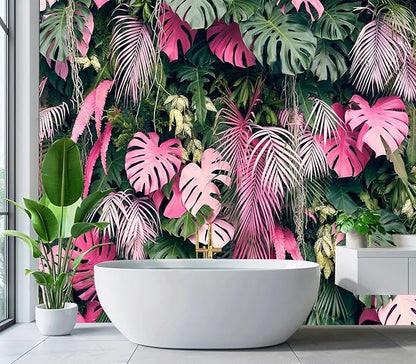 Cliouar-Leaves Green and Pink, Tropical Plants,Wall Mural Wallpaper Peel and Stick 160" x 114"