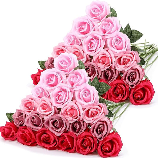 Hotop 40 Pcs Rose Artificial Flowers Bulk with Long Stem,Realistic Silk Fake Roses Bouquet for Home Wedding Centerpieces Party Table Decoration Valentines Gifts(Gradient Pink)