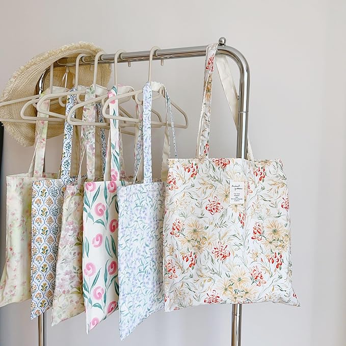 Cotton Canvas Tote Bag Reusable Soft Grocery Cloth Bag Floral Shoulder Bag for Beach Travel Shopping