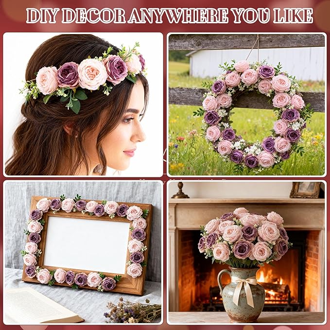 Geosar 24 Bundles Artificial Peonies Flowers Fake Silk Peony Bouquet Faux Peonies Flowers Bulk for Decoration Vase Floral Arrangements Wedding Party Table (Dusty Rose)