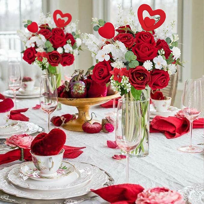 HUAESIN Artificial Rose Bouquet Faux Flower Stems Fake Rose Hyacinth with Red Heart Picks Spring Fake Floral Arrangements Indoor for Home Table Anniversary Valentine’s Decorations Outdoor