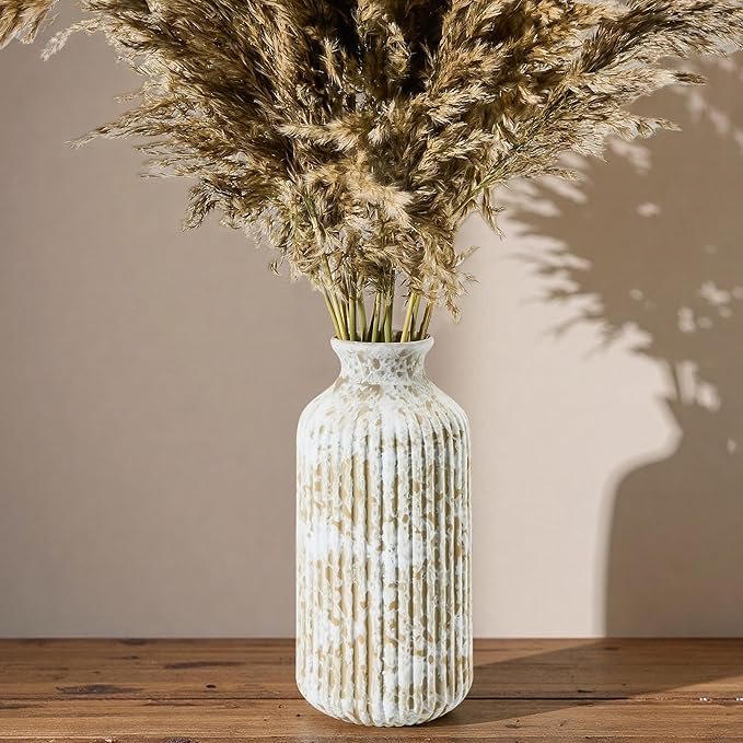 Ceramic Flower Vase Home Décor, 9.25 Inch Rustic Farmhouse Vase, Ribbed Vintage Vase, Pottery Decorative Vases for Living Room, Entryway Table, Shelf, Kitchen Island, Coffee Table(Mottled-Gray)