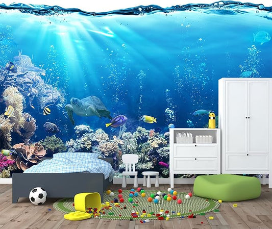 Blue Ocean Wallpaper Peel and Stick Underwater Animal World Self Adhesive Wall Mural for Kids Room Nursery 157"x108"
