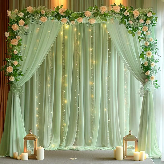 20ft x 10ft Green Backdrop Curtain with Lights String for Parties, Sheer Tulle Wedding Photo Backdrops Drapes for Baby Shower Birthday Party Decorations Background for Photography