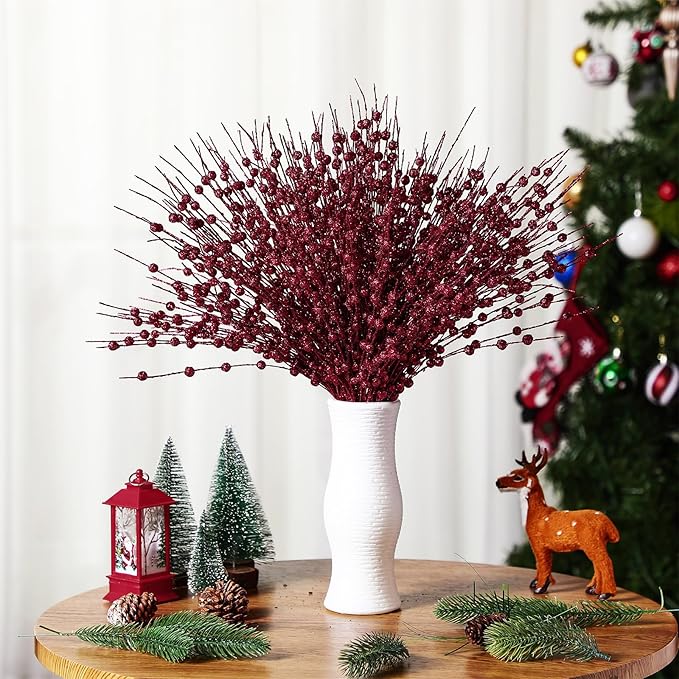 Geosar 30 Pcs Christmas Artificial Glitter Berry Stem Decorations 17 Inch Faux Stick Floral Pick Centerpiece Bouquet Flower Bead Twigs for Centerpiece Tree Wreath Xmas Ornaments Home(Burgundy)