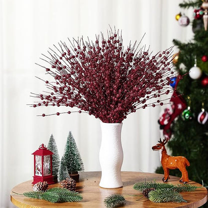 Geosar 30 Pcs Christmas Artificial Glitter Berry Stem Decorations 17 Inch Faux Stick Floral Pick Centerpiece Bouquet Flower Bead Twigs for Centerpiece Tree Wreath Xmas Ornaments Home(Burgundy)