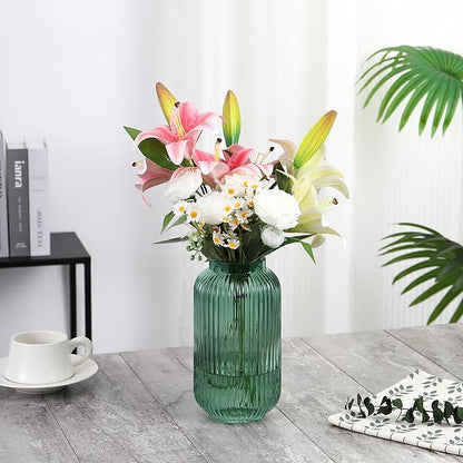 Ribbed Glass Vase, Green Flower Vase for Bouquet, Glass Vases for Flowers, Modern Vases for Living Room, Bedroom, Kitchen, Dining Table, Office, Wedding, 8.6 Inches
