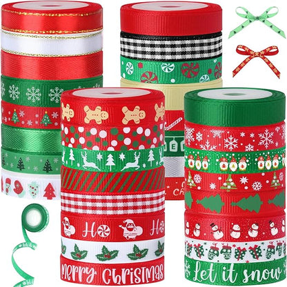 Solsew 32 Rolls 160 Yards Christmas Ribbon for Gift Wrapping 3/8 Inch Holiday Grosgrain Thin Ribbons for Crafts DIY Xmas Satin Decorations for Christmas Tree Gift Bows Scrapbooking Xmas Party Decor