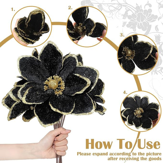 8 Pcs Large Christmas Flower Magnolia Flowers Christmas Tree Decoration Artificial Poinsettia Stems Velvet Xmas Ornaments for Xmas Tree Table Decor(Black,12 Inch)