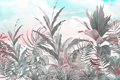 Tropical Leaves Flowers Seamless Pattern Mural, Wallpaper for Bedroom, Living Room, Bathroom Decorative Art Background Wall（Non-self-Adhesive）