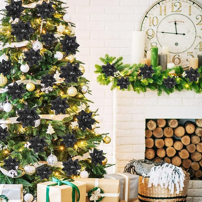 36 Pcs Christmas Glitter Artificial Poinsettia Flowers Xmas Poinsettia Artificial Wedding Flowers Decorations Xmas Tree Ornaments with Clips for Party, 6 Inch, 4 Inch, 3 Inch(Black)