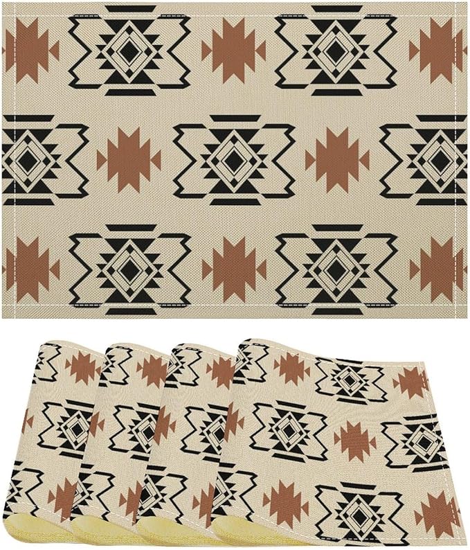 Aztec Placemats Set of 4 Boho Abstract Pattern Geometric Art Printed Dining Table Mats for Restaurant Home Kitchen Holiday Decor 12x18in