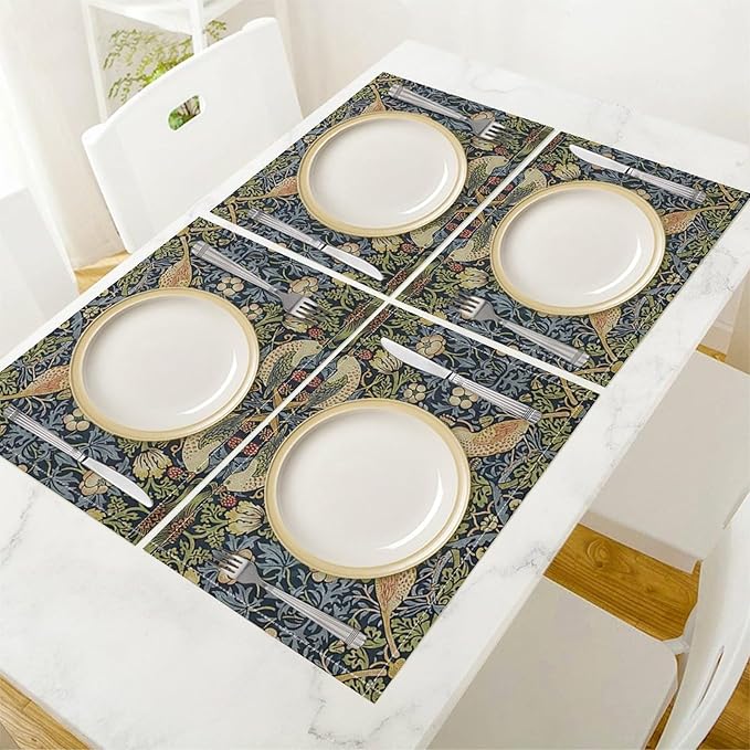 William Morris Floral Placemats Set of 6, Vintage Flower Strawberry Birds Place Mats, Heat Resistant Non Slip Cotton Linen Dining Table Mats for Home Kitchen Party 18x12 Inch