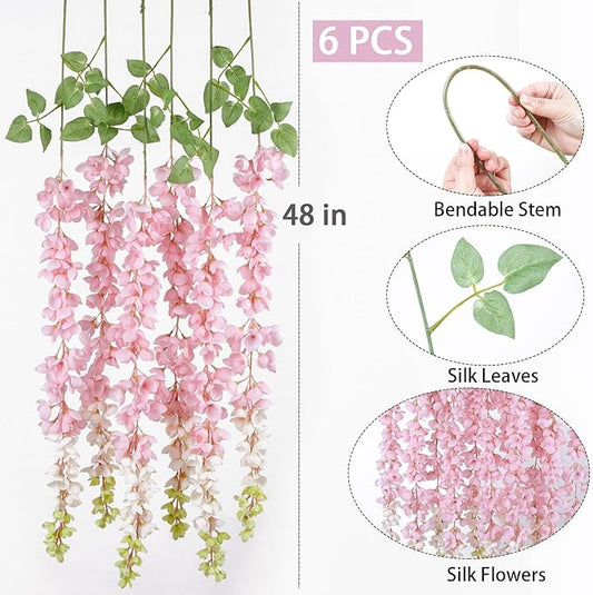 mizii 6Pcs Pink Wisteria Hanging Flowers 48" Silk Wisteria Artificial Flowers Garland Vines Fake Hanging Flowers Decoration for Wedding Flower Wall Backdrop Centerpieces Party Room Decor (Pink)