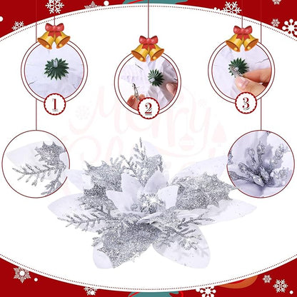 24 Christmas Glitter Artificial Poinsettia Flowers Xmas Poinsettia Artificial Wedding Flowers Decorations Xmas Tree Ornaments with Clips for Party Favors, 6 Inch, 4 Inch, 3 Inch (White)