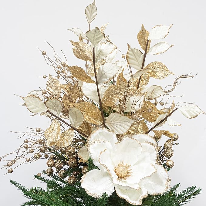 KI Store Christmas Tree Poinsettia Flower Cream White Velvet Magnolia Artificial Floral Ornaments Pack of 6 for Christmas Tree Decoration Wedding Centerpiece