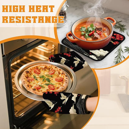 Japanese Crane Oven Mitts and Pot Holders Set,Cherry Blossom Kitchen Decor Heat Resistant Non Slip Hot Pads and Oven Mitt for Chef Cooking Baking BBQ Mom Girl Gifts(4 Piece Set)