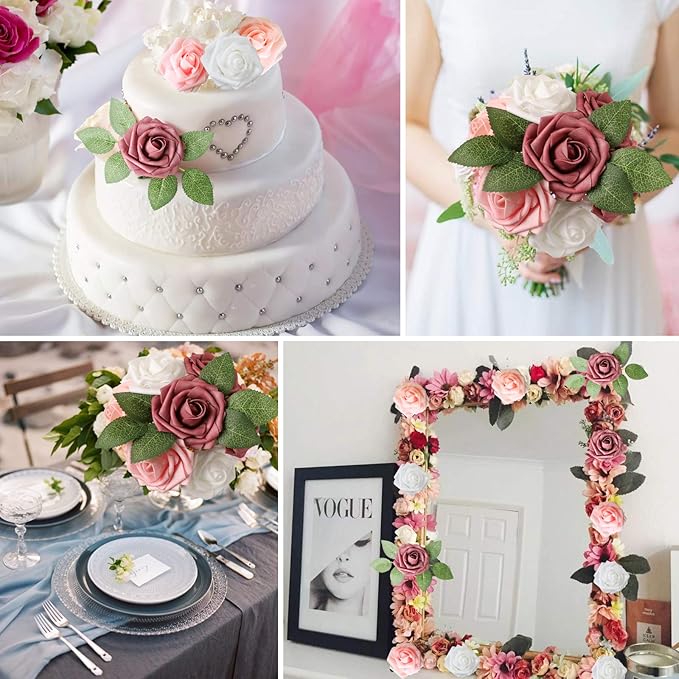 AmyHomie Artificial Flower Shades of Rose 25pcs Real Looking Fake Roses w/Stem for DIY Wedding Bouquets Centerpieces Arrangements Party Baby Shower Valentines Day Christmas Tree Decorations