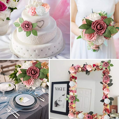 AmyHomie Artificial Flower Shades of Rose 25pcs Real Looking Fake Roses w/Stem for DIY Wedding Bouquets Centerpieces Arrangements Party Baby Shower Valentines Day Christmas Tree Decorations