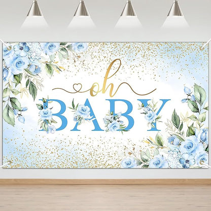 Mocsicka Oh Baby Backdrop Blue Floral Baby Shower Banner for Boys Party Decorations Photo Booth Props (Blue, 6x3.6ft)