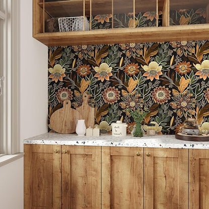 Boho Wallpaper Peel and Stick Dark Floral Wallpaper for Cabinet Vintage Contact Paper Waterproof Self Adhesive Removable Modern Wall Paper for Bedroom Stair Bathroom 17.5in x118in