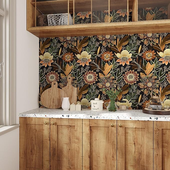 Boho Wallpaper Peel and Stick Dark Floral Wallpaper for Cabinet Vintage Contact Paper Waterproof Self Adhesive Removable Modern Wall Paper for Bedroom Stair Bathroom 17.5in x393in