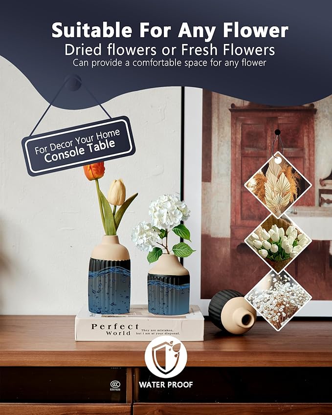 Black Decorative Vase Set of 3 - Modern Boho Style Ribbed Ceramic Bud Vases for Flowers, Mini Small Vases for Shelf, Shelves, Bookshelf, Entryway Table & Home Decor Aesthetic（Black）