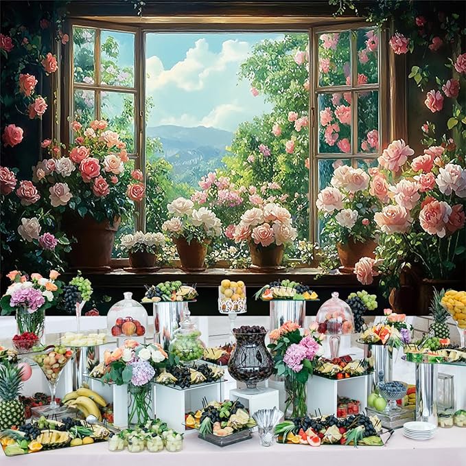 Baocicco 9x6ft Flowers Windowsill Photography Background Spring Floral Retro Oil Painting Photo Backdrop for Valentines Mothers Day Birthday Wedding Party Decorations Girls Women Portraits