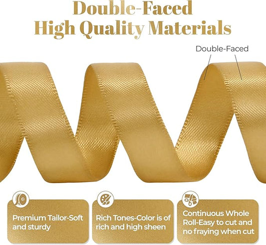 Light Gold Satin Ribbon, Double Faced 1/2 Inch X 25 Yards Light Gold Ribbon, Premium Satin Ribbon for Gift Wrapping, Crafts, Hair Bow Making, Sewing, Flower Bouquet, Wedding Party Decor