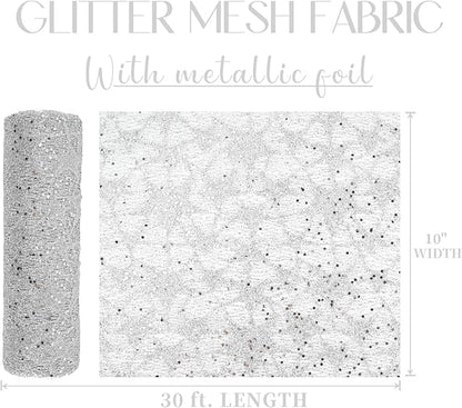 MEEDEE Silver Glitter Mesh Star Web Ribbon 10 Inch Wide by 10 Yards Roll Silver Fabric Ribbon Decorative Mesh Ribbon for Christmas Tree, Garland, Holiday Wreaths, Bows