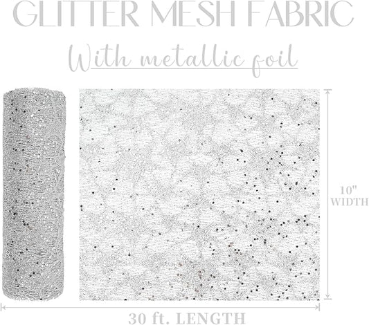 MEEDEE Silver Glitter Mesh Star Web Ribbon 10 Inch Wide by 10 Yards Roll Silver Fabric Ribbon Decorative Mesh Ribbon for Christmas Tree, Garland, Holiday Wreaths, Bows