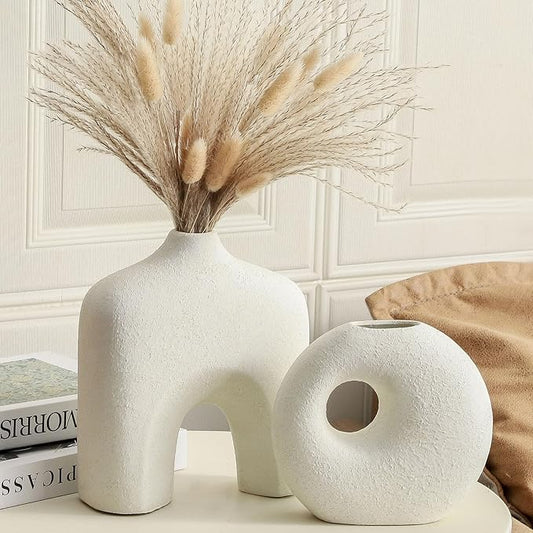 Ceramic Vase Set of 2, Modern Donut Vases for Minimalist Nordic Home Decor, Waterproof Round Vase, Decorative Centerpiece Vases for Living Room, Entryway, Bookshelf, Table Decor (Off White)