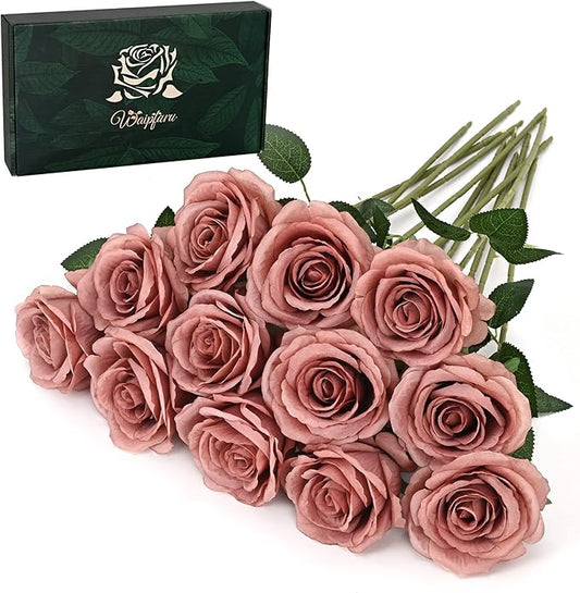 Waipfaru 12 Pcs Artificial Flowers Fake Silk Dusty Roses, Faux Real Touch Roses Bouquet with Long Stem for Wedding Party Home Decor (Dusty Rose)