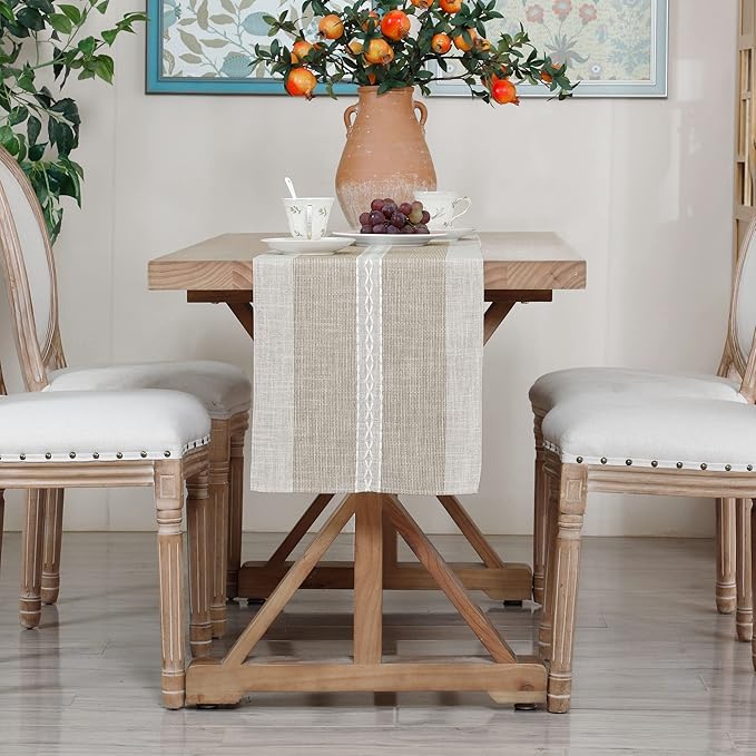 Farmhouse Braided Striped Table Runner Rustic Embroidery Coffee Table Runners for Decorations Weddings Holiday Brown 13x72inch