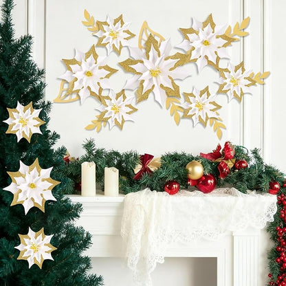 15PCS Poinsettia Flowers Artificial Christmas Decorations White Gold Poinsettia Large Flowers for Wall Christmas Tree Ornaments Glitter Poinsettias Flower Wreath Garland Window Door Xmas Tree Decor