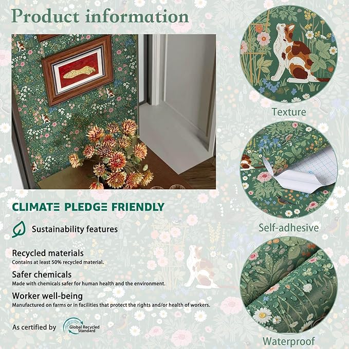 Heroad Floral Peel and Stick Wallpaper Green Wallpaper Boho French Country Contact Paper Vintage Cat Birds Removable Self-Adhesive Wall Paper for Bedroom Kitchen Cabinets Decoration Vinyl 17.3”x78.7”