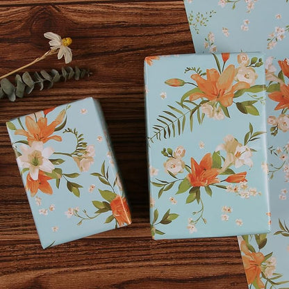 Aimyoo Blue Floral Wrapping Paper Jumbo Roll 17 in x 60 ft, Daylily Flower Gift Wrap for Wedding Birthday Bridal Shower