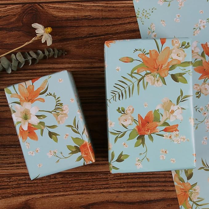 Aimyoo Blue Yellow Floral Wrapping Paper Roll 17 in x 10 ft, Daylily Flower Gift Wrap for Wedding Birthday Bridal Shower