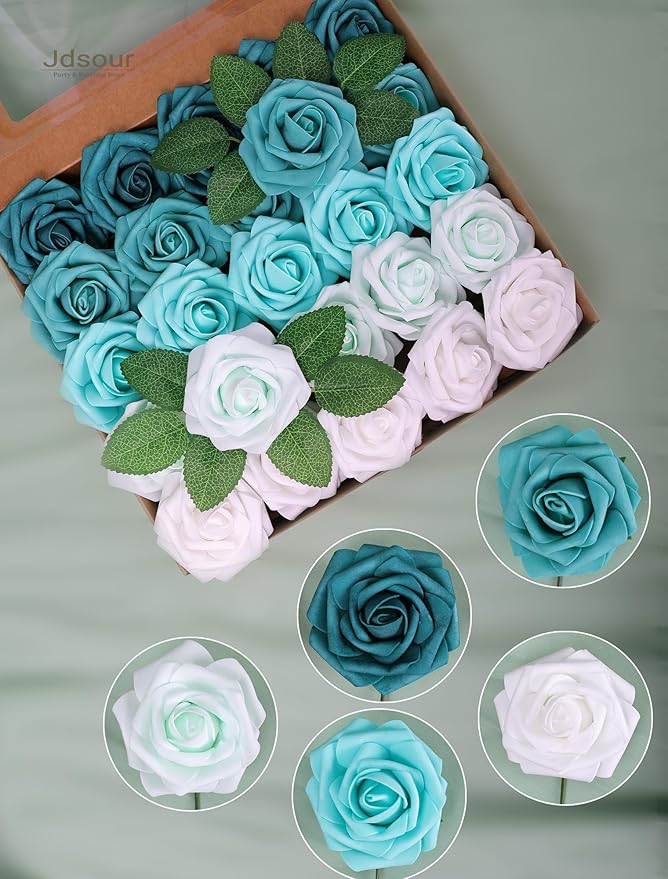 25pcs Artificial Flower，Real Looking Foam Roses w/Stem for DIY Wedding Bouquets Centerpieces Bridal Shower Party Decor-Shades of Teal Green