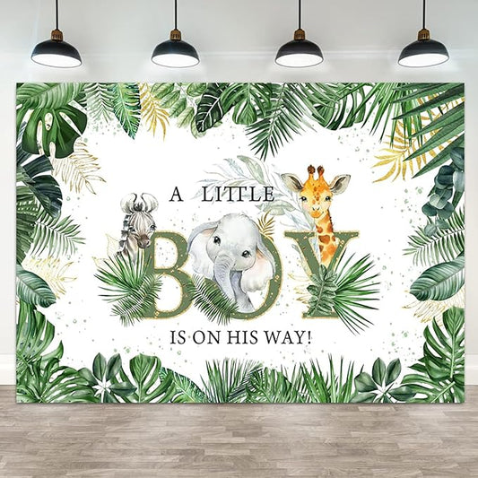 15x10ft Baby Shower Backdrop A Little Boy is On His Way Photography Background Jungle Animals Elephant Giraffe Green Gold Leaves Kids Party Banner Decorations Newborn Parties Photo Booth Prop