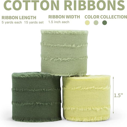 Keypan Spring Green Ribbon 1-1/2 Inch x 15 Yards Handmade Cotton Frayed Fringe Fabric Ribbons for Crafts Flower Bouquets Wedding Christmas Tree Home DIY Decor
