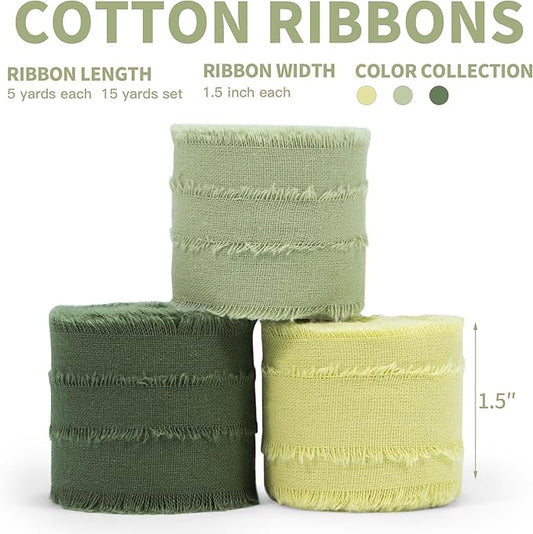 Keypan Spring Green Ribbon 1-1/2 Inch x 15 Yards Handmade Cotton Frayed Fringe Fabric Ribbons for Crafts Flower Bouquets Wedding Christmas Tree Home DIY Decor