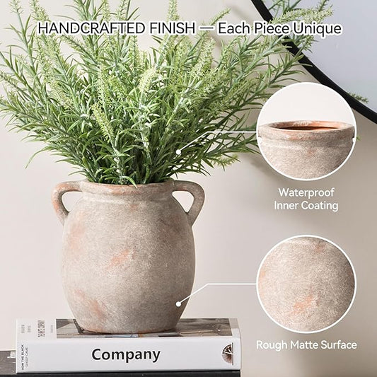 Ceramic Flower Small Vase 6 inch Farmhouse Rustic Vase Decorative Pottery Terracotta Vases for Home Decor Table Mantle Fireplace Living Room Bathroom Wedding Centerpiece