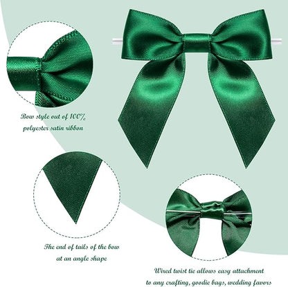 WRAPAHOLIC 30 Pcs 3" Green Satin Ribbon Bows with Twist Tie - Pretied Premade Craft Bows for Christmas Party Crafts Treat Bags Gift Wrapping Wedding Birthday Baby Shower